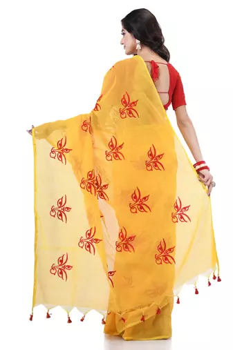 Yellow cotton silk handloom cotton blend saree uma embroidery work design with blouse piece