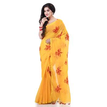 Yellow cotton silk handloom cotton blend saree uma embroidery work design with blouse piece 3
