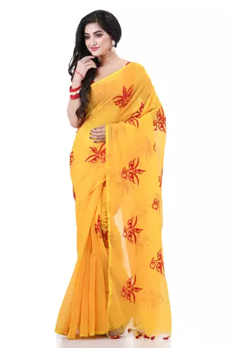 Yellow cotton silk handloom cotton blend saree uma embroidery work design with blouse piece