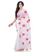 White cotton silk handloom cotton blend saree hibicus joba flower embroidery design with blouse piece