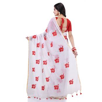 White cotton silk handloom cotton blend saree hibicus joba flower embroidery design with blouse piece 2
