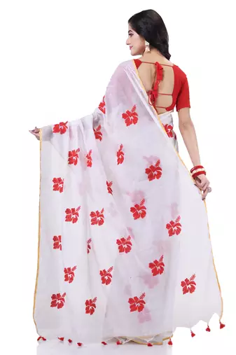 White cotton silk handloom cotton blend saree hibicus joba flower embroidery design with blouse piece