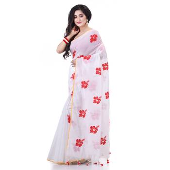 White cotton silk handloom cotton blend saree hibicus joba flower embroidery design with blouse piece 3
