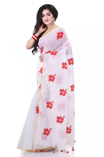 White cotton silk handloom cotton blend saree hibicus joba flower embroidery design with blouse piece