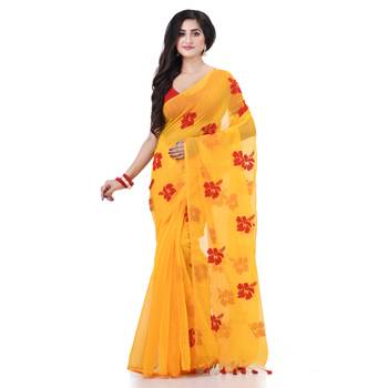 Yellow cotton silk blend embroidery design saree with blouse piece 1