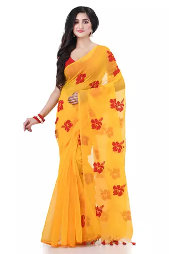 Yellow cotton silk handloom cotton blend saree hibicus joba flower embroidery design with blouse piece