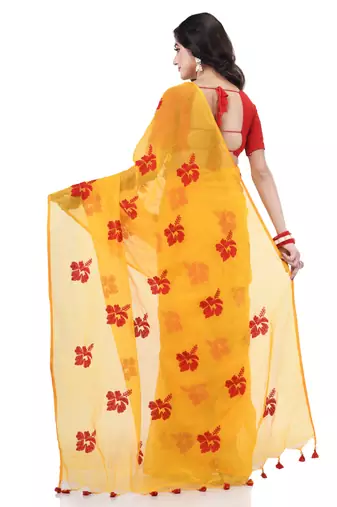 Yellow cotton silk blend embroidery design saree with blouse piece