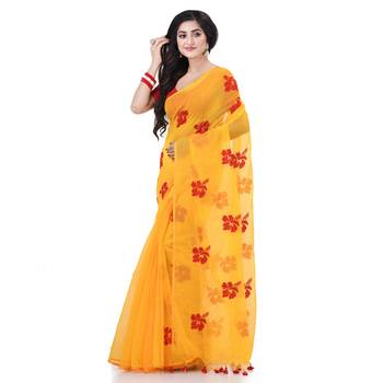 Yellow cotton silk blend embroidery design saree with blouse piece 3