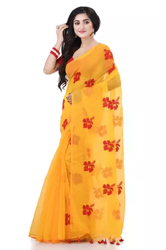 Yellow cotton silk blend embroidery design saree with blouse piece