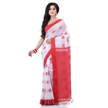 White handloom cotton blend saree swastik design with blouse piece 1
