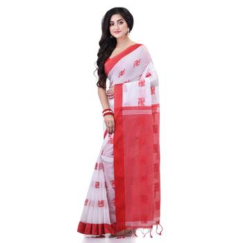 White handloom cotton blend saree swastik design with blouse piece 3