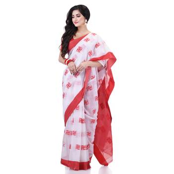 White handloom cotton blend saree swastik design with blouse piece 4