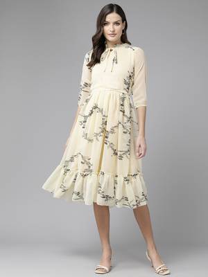 Aarika womens lemon colour georgette floral dress 1