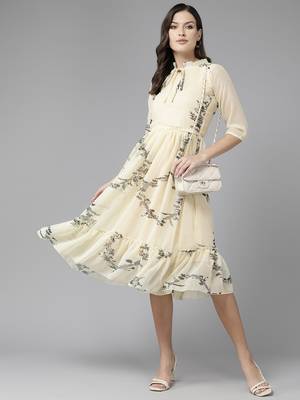 Aarika womens lemon colour georgette floral dress 3