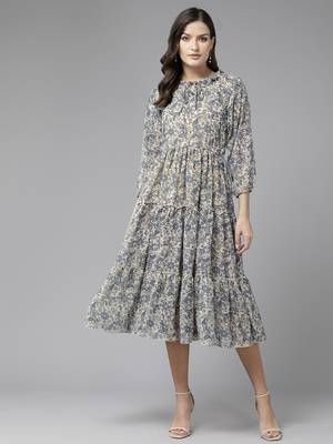 Aarika womens lemon colour georgette printed middi 1