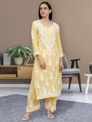 hand embroidered yellow cotton blend lucknow chikankari women kurta set 1