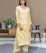 hand embroidered yellow cotton blend lucknow chikankari women kurta set