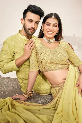  Matching Combo Couple Sequence Outfit With Yellow Lehenga And Kurta Pajama