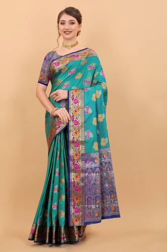 Soft Lichi Silk Zari Weaving Saree With Meenakari Pallu & Contrast Border