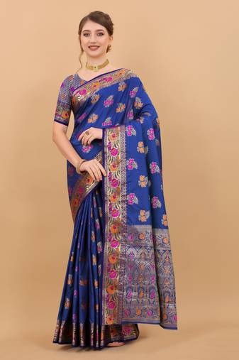 Soft Lichi Silk Zari Weaving Saree With Meenakari Pallu & Contrast Border