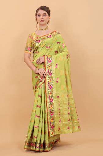Soft Lichi Silk Zari Weaving Saree With Meenakari Pallu & Contrast Border