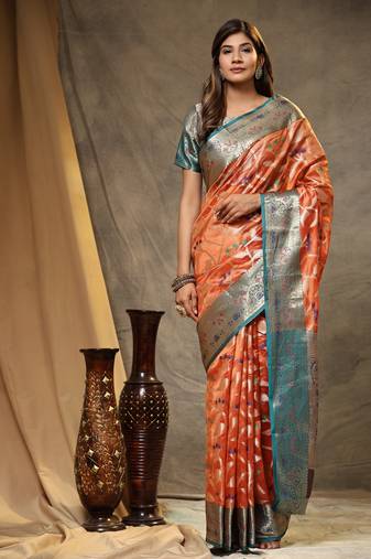 Soft Organza Silk Zari Weaving Saree With Meenakari Pallu & Contrast Border