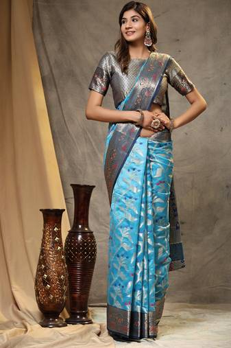 Soft Organza Silk Zari Weaving Saree With Meenakari Pallu & Contrast Border
