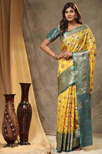 Soft Organza Silk Zari Weaving Saree With Meenakari Pallu & Contrast Border
