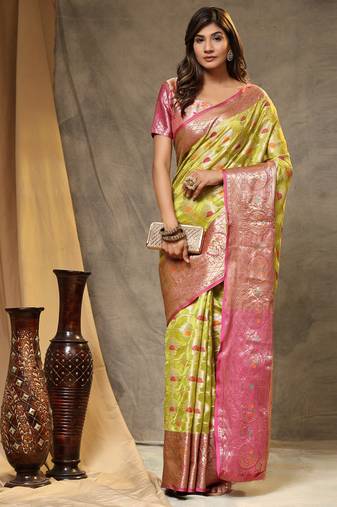 Soft Organza Silk Zari Weaving Saree With Meenakari Pallu & Contrast Border