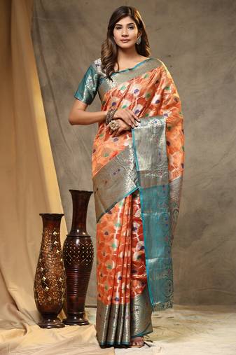 Soft Organza Silk Zari Weaving Saree With Meenakari Pallu & Contrast Border