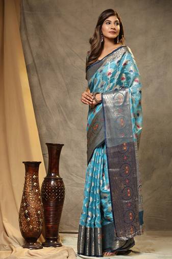 Soft Organza Silk Zari Weaving Saree With Meenakari Pallu & Contrast Border