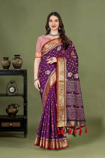 Soft Patola Silk Blend Saree With Zari Weaving Pallu & Weaving Border