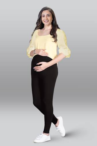 Lyra women black curved belly panel high waist  no elastic overbelly maternity leggings
