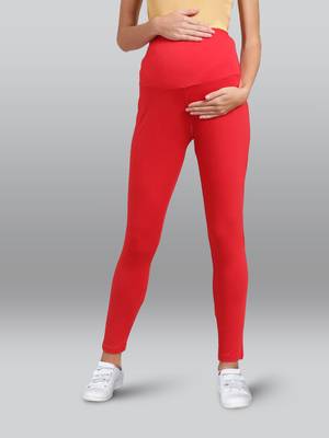 Lyra women red curved belly panel high waist  no elastic overbelly maternity leggings 1