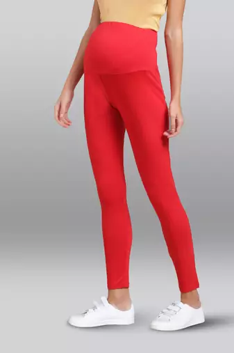 Lyra women red curved belly panel high waist  no elastic overbelly maternity leggings