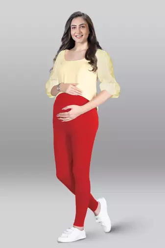 Lyra women red curved belly panel high waist  no elastic overbelly maternity leggings