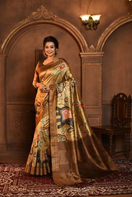 Soft Ghicha Tussar Silk Blend Saree With Kalamkari Print & Soft Zari Pallu 1