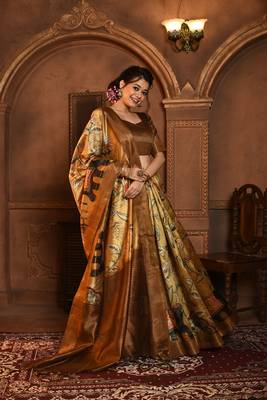 Soft Ghicha Tussar Silk Blend Saree With Kalamkari Print & Soft Zari Pallu 2