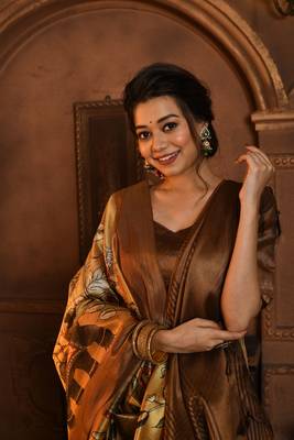 Soft Ghicha Tussar Silk Blend Saree With Kalamkari Print & Soft Zari Pallu 3