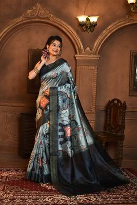 Soft Ghicha Tussar Silk Blend Saree With Kalamkari Print & Soft Zari Pallu 1