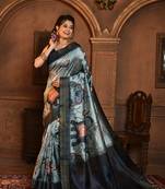 Soft Ghicha Tussar Silk Blend Saree With Kalamkari Print & Soft Zari Pallu