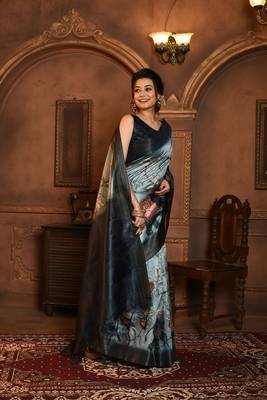 Soft Ghicha Tussar Silk Blend Saree With Kalamkari Print & Soft Zari Pallu 2