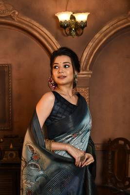 Soft Ghicha Tussar Silk Blend Saree With Kalamkari Print & Soft Zari Pallu 3