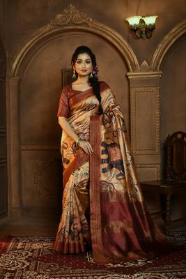 Soft Ghicha Tussar Silk Blend Saree With Kalamkari Print & Soft Zari Pallu 1