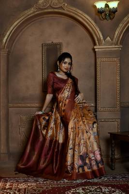 Soft Ghicha Tussar Silk Blend Saree With Kalamkari Print & Soft Zari Pallu 2