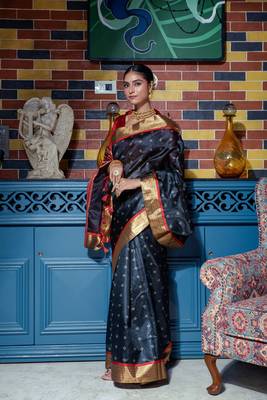Soft Tusser Silk With All Over Bandhani Style Butti Weaves & Kantha Stich Border 3