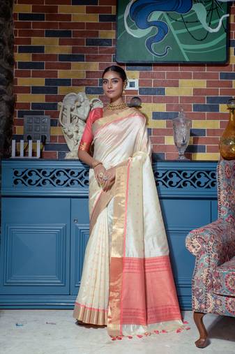 Soft Tusser Silk With All Over Bandhani Style Butti Weaves & Kantha Stich Border