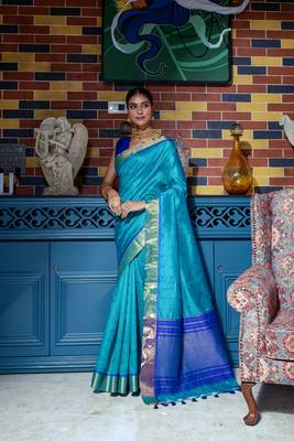 Soft Tusser Silk With All Over Bandhani Style Butti Weaves & Kantha Stich Border 1
