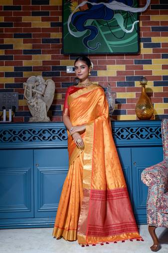 Soft Tusser Silk With All Over Bandhani Style Butti Weaves & Kantha Stich Border
