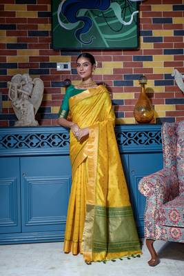 Soft Tusser Silk With All Over Bandhani Style Butti Weaves & Kantha Stich Border 1